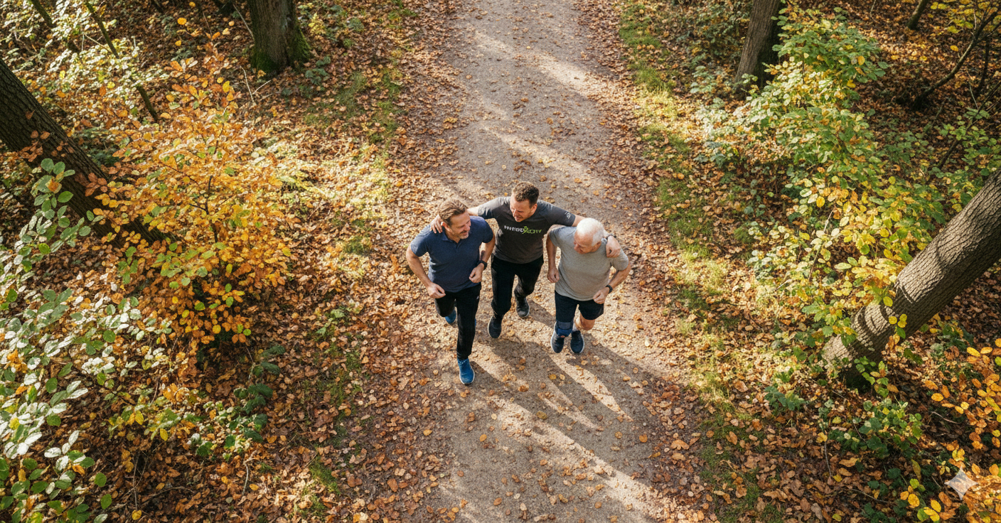 Drei Männer laufen gemeinsam im herbstlichen Wald